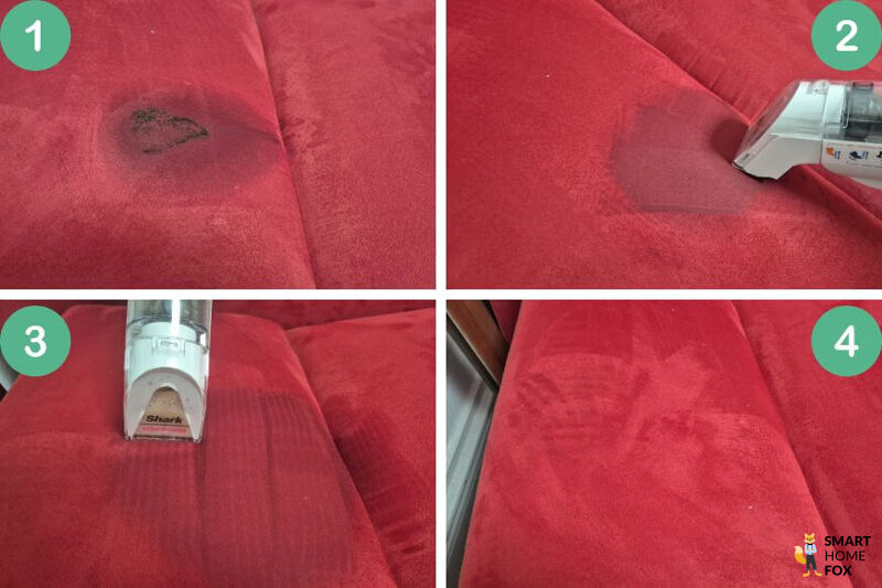 Vorher-nachher-Vergleich: Der Shark Stainforce entfernt einen Kaffeefleck auf einem roten Sofa im Test kjomplett rückstandsfrei.